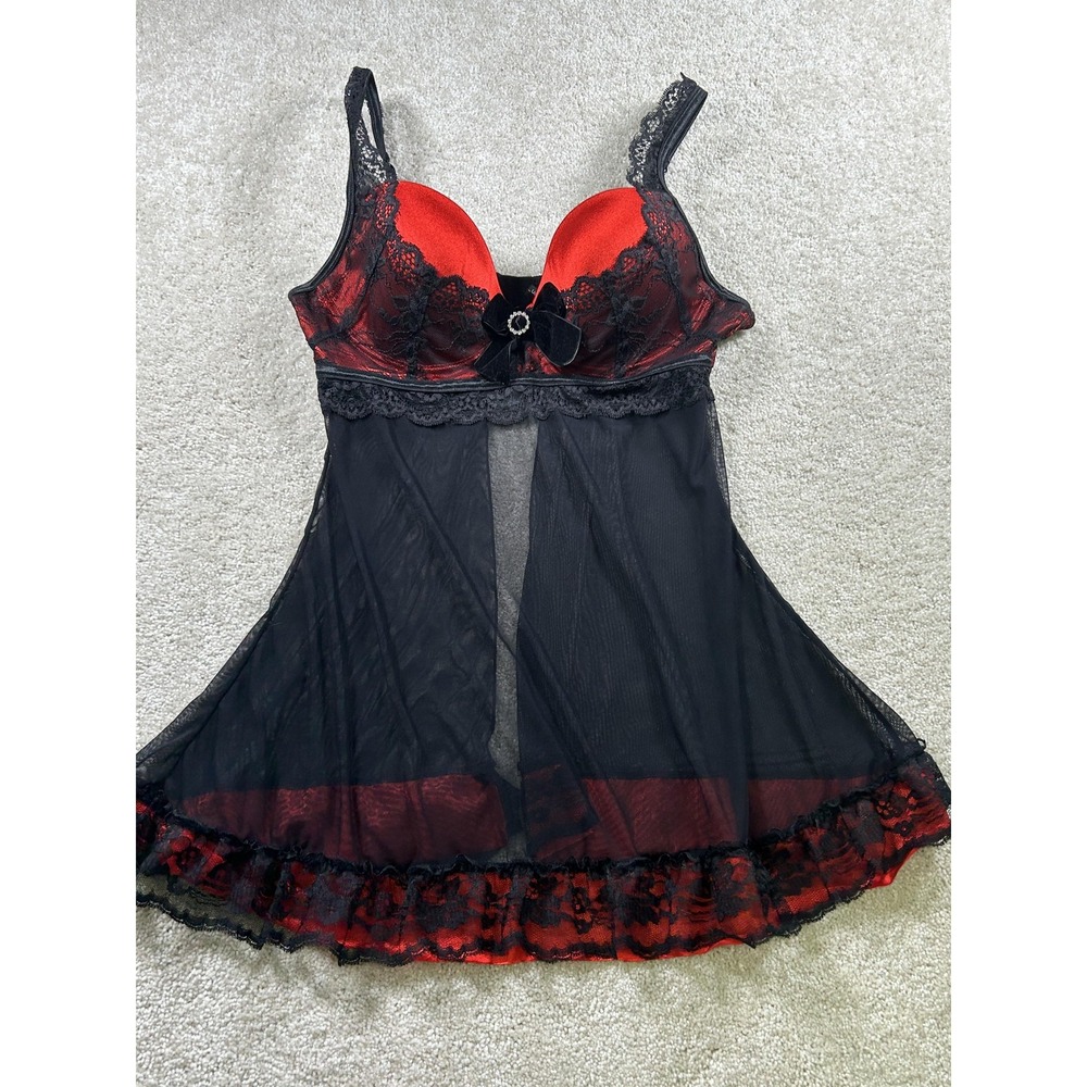 iCollection Babydoll Lingerie Womens Medium Lace Mesh Sheer Bow Sexy‎ Sleepwear